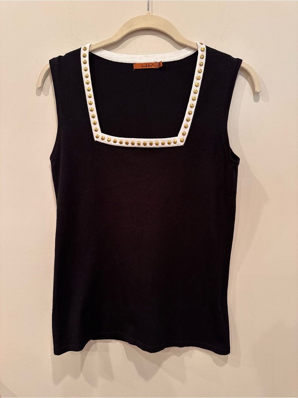 Belldini Black Sleeveless Tank White Trim Gold Studs Stretchy Statement Top S XL - Picture 5 of 10